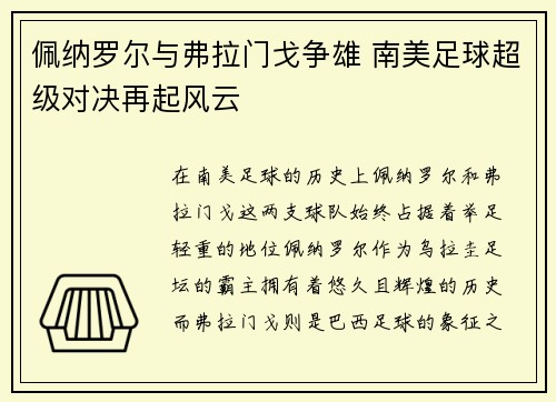 佩纳罗尔与弗拉门戈争雄 南美足球超级对决再起风云