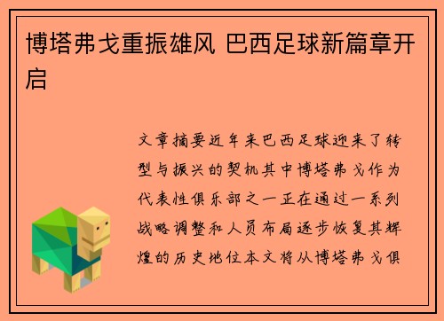 博塔弗戈重振雄风 巴西足球新篇章开启