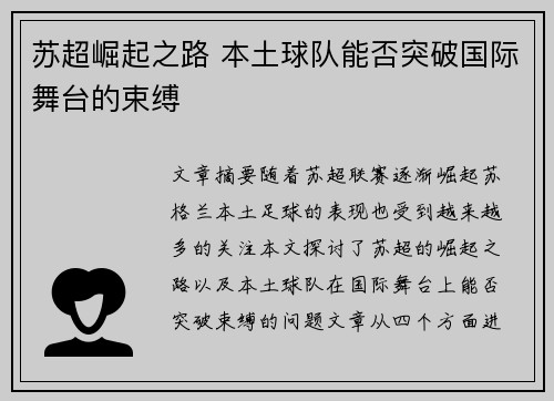 苏超崛起之路 本土球队能否突破国际舞台的束缚